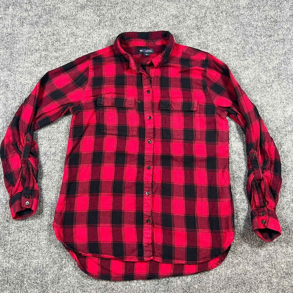 Gap Flannel Tunic Shirt Womens XS Red Black Plaid Cotton Boyfriend Fit Button Up
